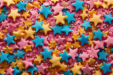 Brightly colored star-shaped candies, perfect for decorating confectioneryの素材