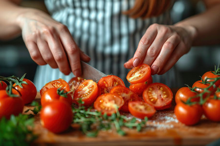 Skillful hands of a girl preparing a fresh salad with tomatoes on a wooden board.の素材