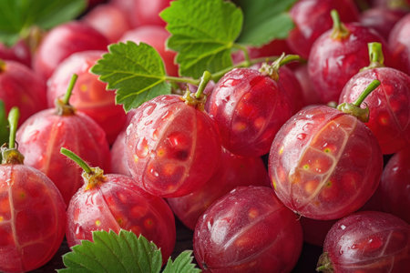 Juicy, ripe red gooseberries on the tableの素材
