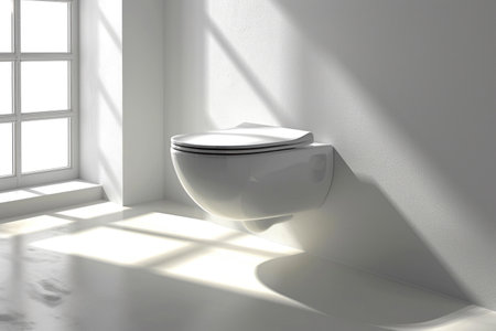 Bright toilet bowl in a modern style under the rays of bright sunの素材