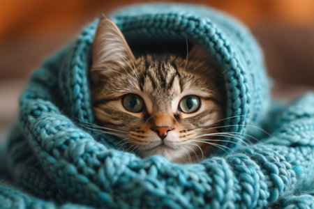 A fluffy muzzle peeks out of a cozy knitted sweaterの素材