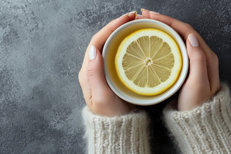 Hands holding cup with warm tea and lemon, top view, creating a feeling of coziness and calmの素材