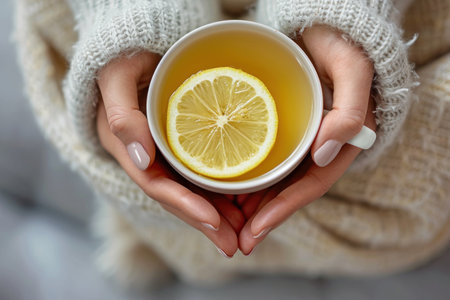 Hands holding cup with warm tea and lemon, top view, creating a feeling of coziness and calmの素材