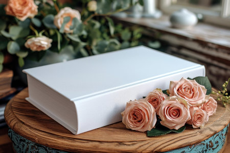 Book mockup with roses on the table.の素材