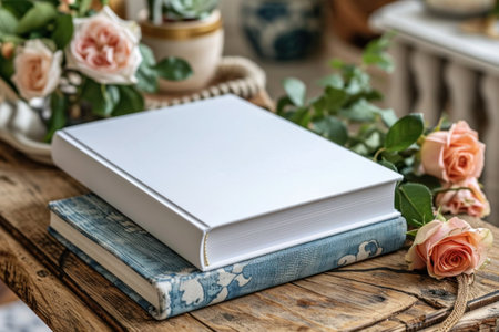 Blank book cover mockup on table with flowers.の素材