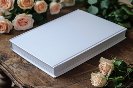 Book cover mockup on table with rosesの素材