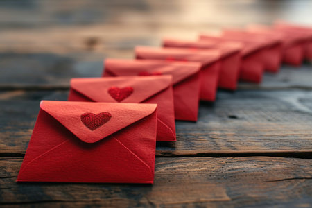 Collection of greeting envelopes along wooden tableの素材