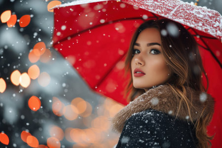 Woman under red umbrella in fabulous winter landscape.の素材