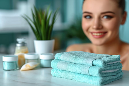 Towels and creams in the cozy bathroom, creating an atmosphere of relaxation and skin careの素材