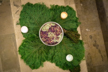 Skillfully created magic brooms made of fragrant dried herbs are ready to give your body and soul gentle care, filling the atmosphere with pleasant aromas and healing properties.の写真素材