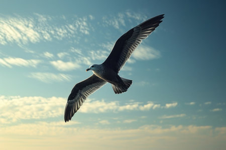 A stunning close-up image of a flying seagull as it soars lightly in the airの素材