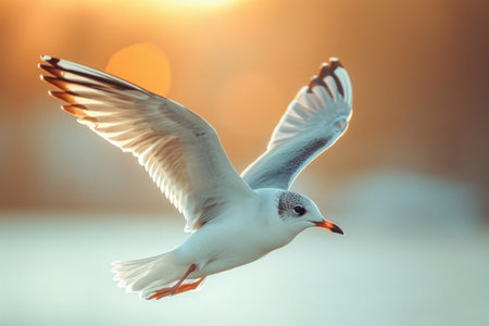 A stunning close-up image of a flying seagull as it soars lightly in the airの素材