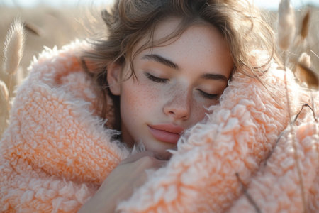 A moment of immersion in a magical blanket of peach down, where every rustle brings gentle peaceの素材