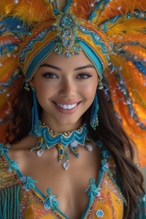 A woman in an electric blue headgear is happily smiling with raised eyebrows and bright eyes while wearing a colorful costume at an entertainment eventの素材