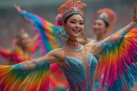 A team of women in vibrant, electric blue costumes are showcasing their choreographed dance in a parade, bringing entertainment and fun to the audienceの素材