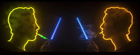 Futuristic banner with outline of man holding e-cigarette shrouded in neon light. A technological focus on the futureの素材