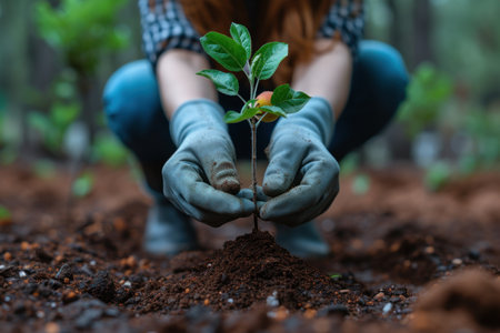 A woman is planting a leaf vegetable in the soil, using her thumb to make sure it is well placed. This gardening event promotes natural foodsの素材