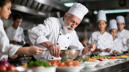 The chef is cooking food in the restaurant kitchen, wearing a chefs uniform and hat. They are following a recipe to prepare dishes for service using a variety of ingredients and tablewareの素材