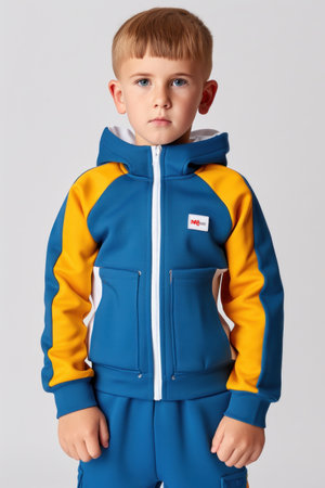 A young boy in blue and yellow outerwear with a hood, white collar, and sleeves posing for a photograph. His arm is raised in a gestureの素材