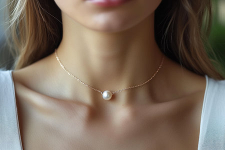 The woman gracefully adorned her neck with a pearl necklace, accentuating her delicate jawline and chest with eleganceの素材