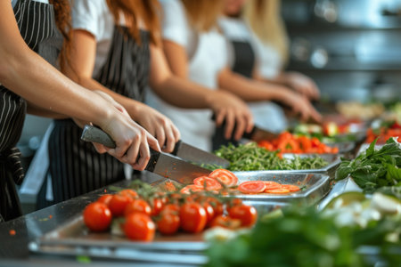 A group is preparing food in a kitchen by cutting natural ingredients like plum tomatoes. They are following a recipe to create a delicious dishの素材