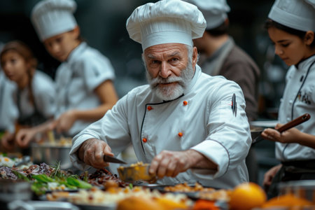 Mentorship Mastery: An experienced chef shares his knowledge and experience with apprentices to create culinary masterpieces togetherの素材