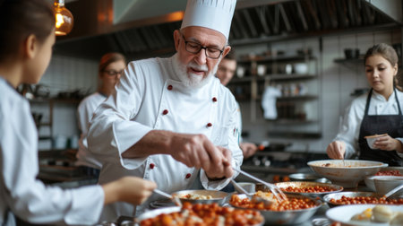 Learning Moment: Aspiring Chefs Gain a Unique Experience Under the Guidance of an Experienced Chef, Preparing High-End Dishes for a Restaurantの素材