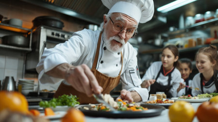 Learning Moment: Aspiring Chefs Gain a Unique Experience Under the Guidance of an Experienced Chef, Preparing High-End Dishes for a Restaurantの素材