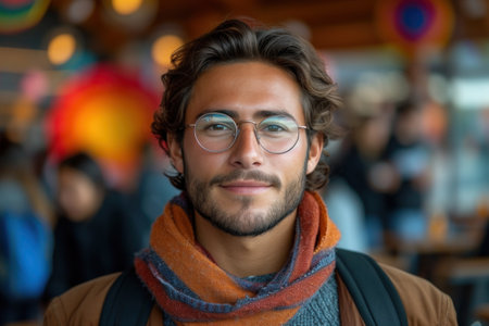 A young man with glasses, a white shirt, and facial hair is smiling at the camera, showing good vision care. His jaw, ear, and eyewear are visible, making him look happy at the eventの素材