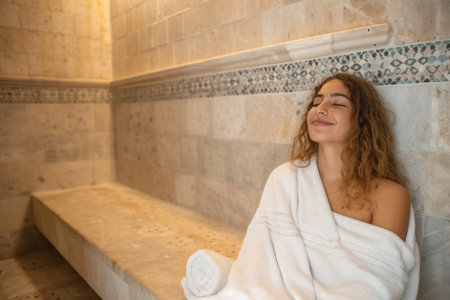 A happy woman wrapped in a towel is sitting on a bench in a sauna with wood flooring and brick walls, wearing eyewear and fur around her thighの素材