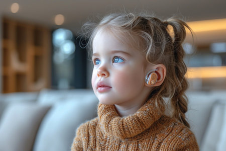 A smile of joy: a little patient with a device in his ear enjoys a moment on a soft sofaの素材