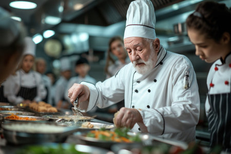 The chef is cooking food in the restaurant kitchen, wearing a chefs uniform. The delicious cuisine will be served on tableware for sharing with guestsの素材