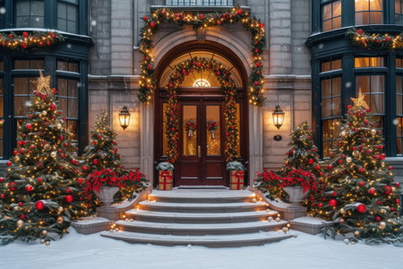 The house is decorated for Christmas with two Christmas trees standing in front of the door, adorned with festive ornaments and decorationsの素材