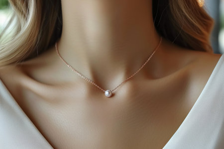The woman gracefully adorned her neck with a pearl necklace, accentuating her delicate jawline and chest with eleganceの素材