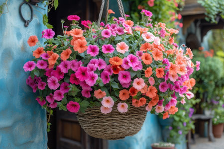 A beautiful hanging basket filled with pink hybrid tea roses and lush green leaves, perfect for adding a touch of elegance to your windowの素材