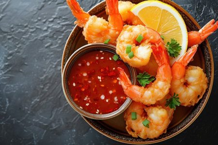 A delicious dish of fried shrimp topped with sauce and accompanied by lemon slices, presented on a tableの素材