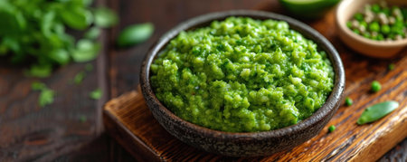 Exotic taste: delicious wassabi with fresh peas, presented in a cozy bowl on a natural wooden table.の素材