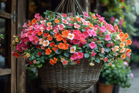 A vibrant flowerfilled basket suspended by a rope adds a pop of color to any spaceの素材