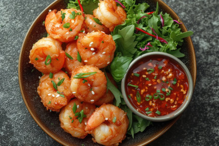 A dish of crispy fried shrimp served with sweet chilli sauce for dipping, accompanied by chopsticks on the sideの素材