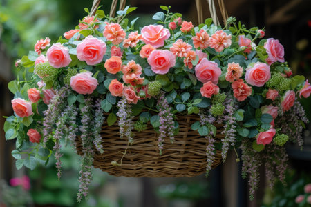 A beautiful hanging basket filled with pink hybrid tea roses and lush green leaves, perfect for adding a touch of elegance to your windowの素材