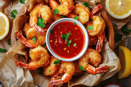 A delicious dish of fried shrimp topped with sauce and accompanied by lemon slices, presented on a tableの素材