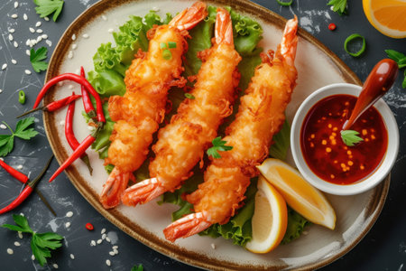 A delicious dish of fried shrimp topped with sauce and accompanied by lemon slices, presented on a tableの素材