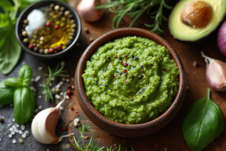 An exquisite union of flavors: wasabi sauce with avocado laid out in a fancy bowl on a wooden tableの素材