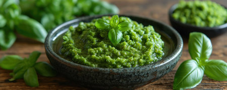 Fragrant and juicy: a piece of Asia with green wasabi sauce and fresh peas, presented on a stylish wooden tableの素材