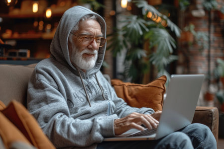 An elderly man is comfortably seated in a chair with his laptop computer, surrounded by plants and trees, wearing a hat and sporting a beard, enjoying leisurely timeの素材