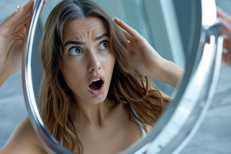 A woman is inspecting her hairstyle in the mirror, with her eyebrow raised in curiosity. A slight smile on her mouth and happy look in her eyesの素材