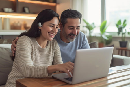 A man and a woman are sharing a smile while looking at a laptop on the couchの素材