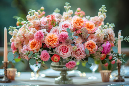 A beautiful arrangement of pink and orange flowers, including hybrid tea roses, in a vase with candles on a table for a wedding ceremony supplyの素材