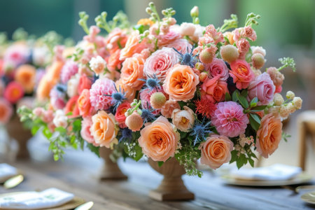 A beautiful arrangement of pink and orange flowers, including hybrid tea roses, in a vase with candles on a table for a wedding ceremony supplyの素材