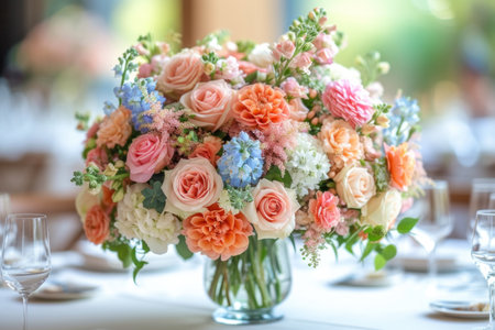 A beautiful arrangement of pink and orange flowers, including hybrid tea roses, in a vase with candles on a table for a wedding ceremony supplyの素材